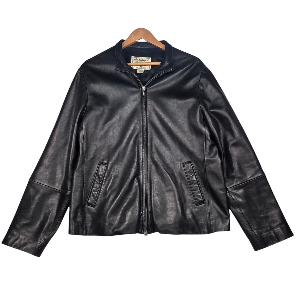 Vintage 90's Eddie Bauer Leather Jacket Mens XXL Black Lambskin Full Zip VTG